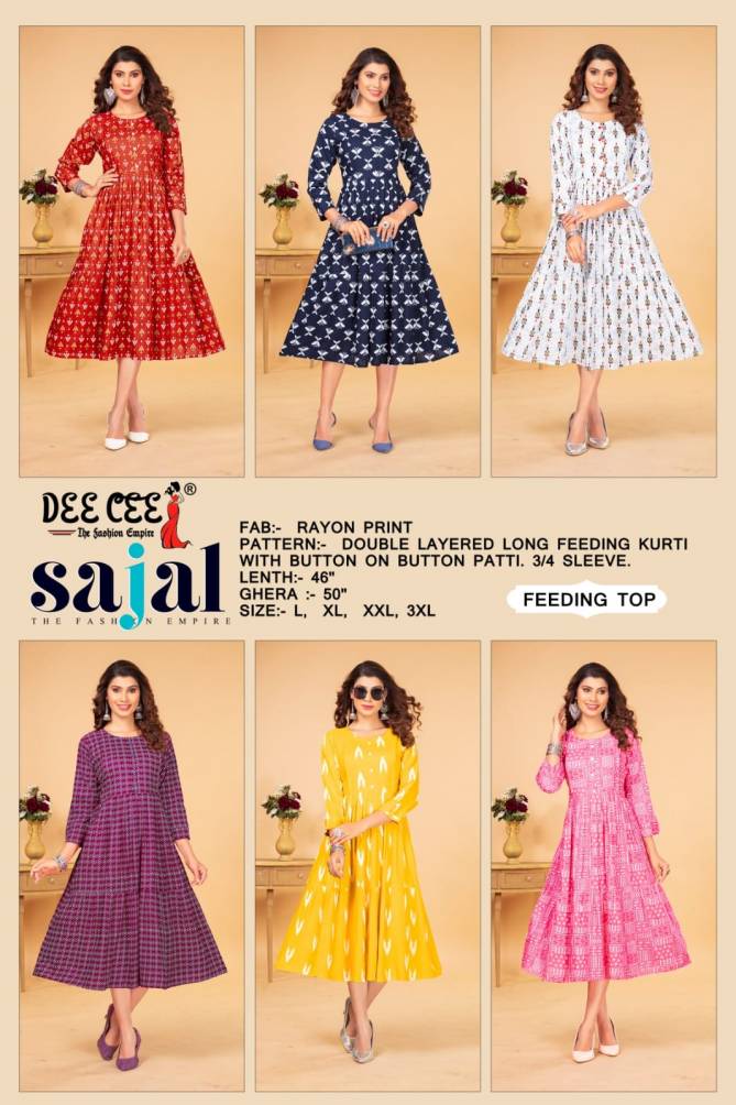 Sajal By Dee Cee Flaired Rayon Printed Feeding Kurtis Wholesale Clothing Suppliers In India